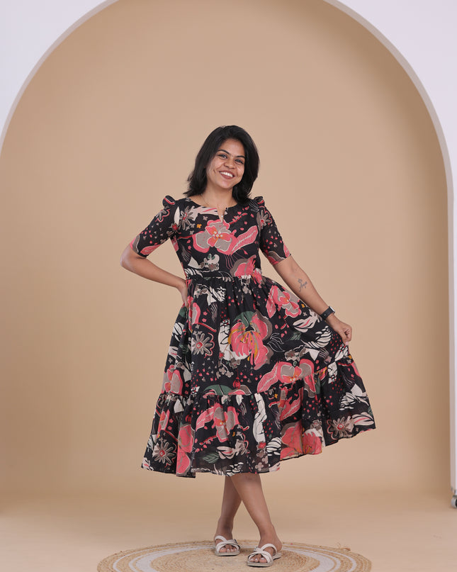 Midnight Bloom Floral Print Cotton Ruffled Mid Length Dress