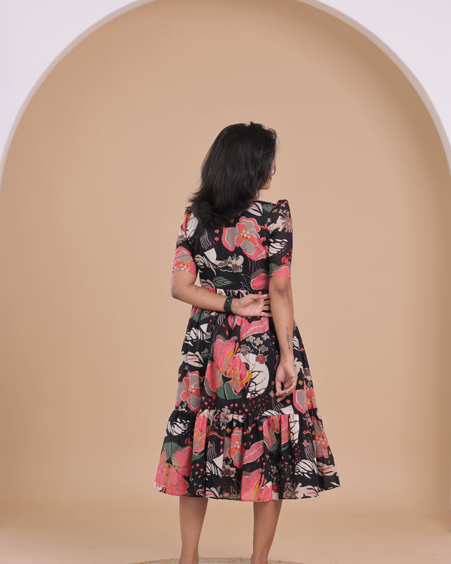 Midnight Bloom Floral Print Cotton Ruffled Mid Length Dress