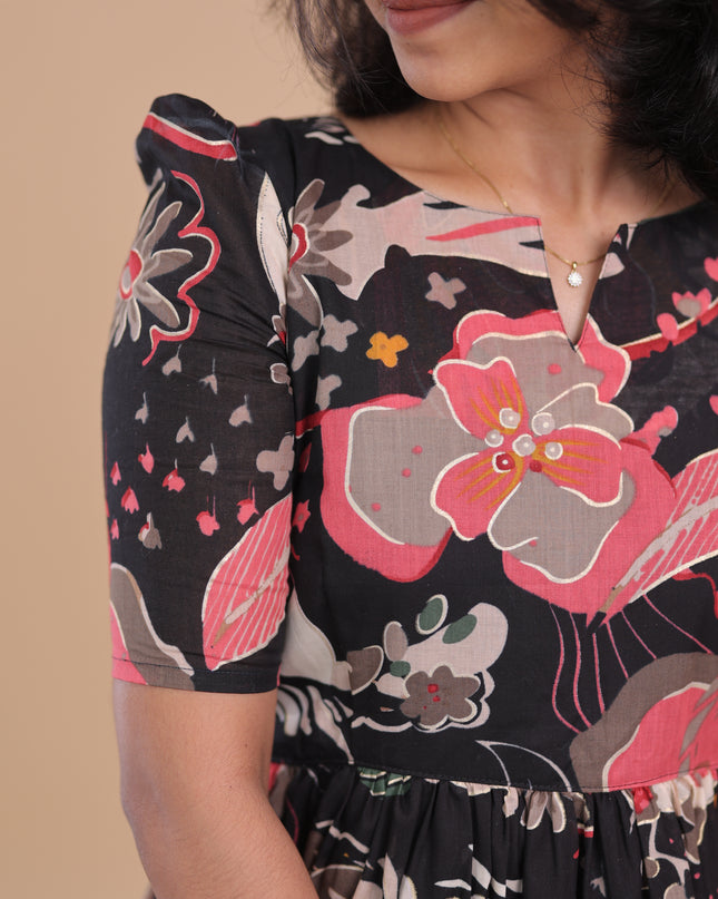 Midnight Bloom Floral Print Cotton Ruffled Mid Length Dress