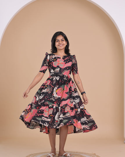 Midnight Bloom Floral Print Cotton Ruffled Mid Length Dress