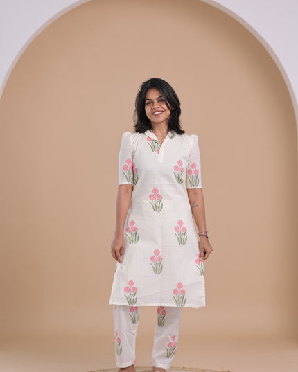 Petals in White Cotton Co-Ord with Collered V - Neck