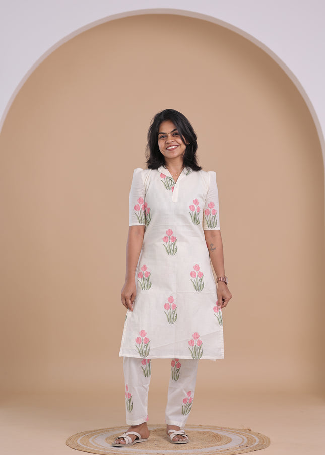 Petals in White Cotton Co-Ord with Collered V - Neck