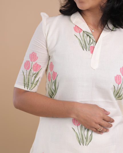 Petals in White Cotton Co-Ord with Collered V - Neck