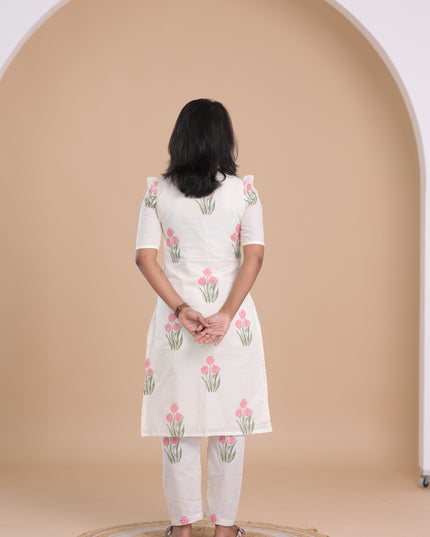 Petals in White Cotton Co-Ord with Collered V - Neck